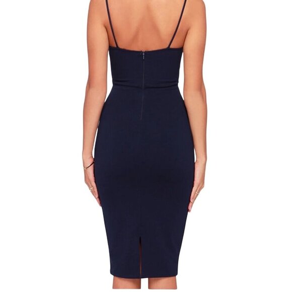 NWT Lulus Navy Blue Midi Bodycon Dress Size S knee length stretch spaghetti - Picture 3 of 10